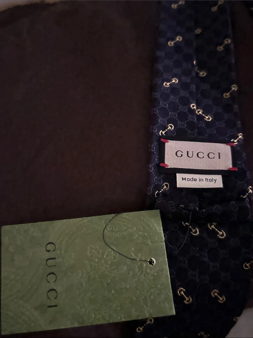 Gucci Black Silk Tie with Gold Horsebit & GG Motif